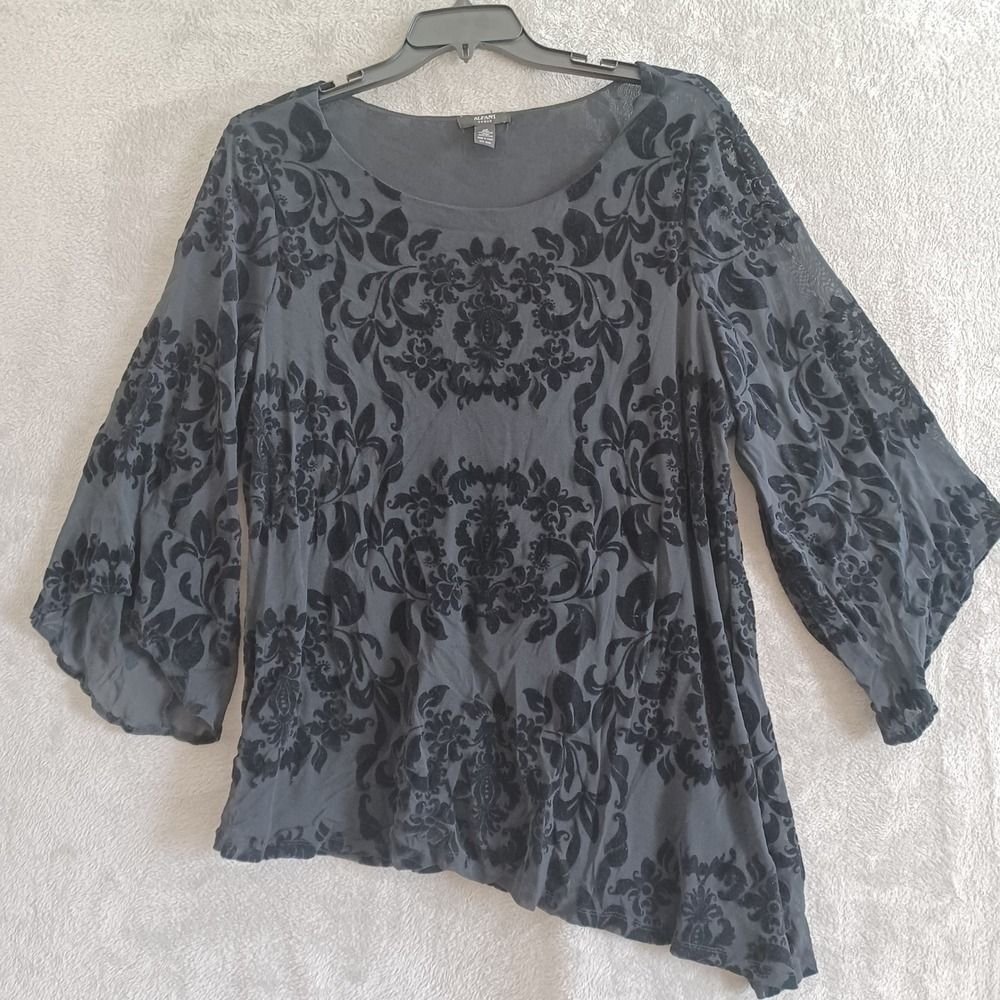 ALFANI Sz 3X Top Whimsygoth Black Velvet Burnout Floral Bell Sleeve Asymmetrical